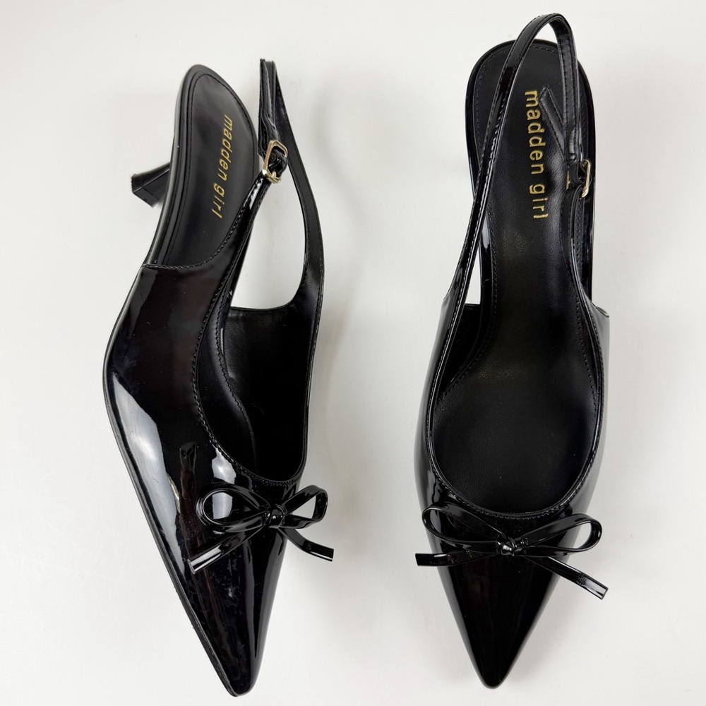 Madden Girl Vixen Bow Slingback Kitten Heel Pumps Womens 11M Black Patent Bow